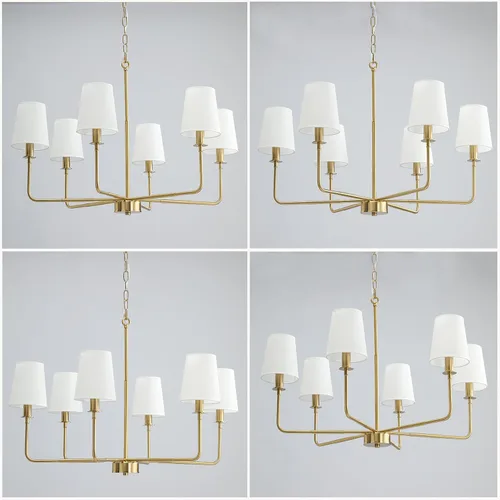 Vista 4 de Candelabro clásico de 6 luces con acabado dorado cepillado y pantallas de lino, base E12, lámpara rústica de techo para isla de cocina, comedor