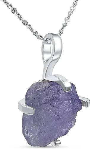 Vista 36 de Collar de cadena con colgante de piedra preciosa natural en bruto con oro blanco sobre plata de ley 925, piedra natal delicado regalo solitario