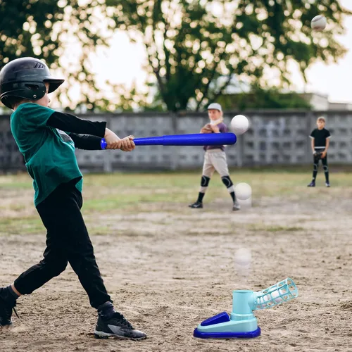 Vista 7 de ArtCreativity Máquina de lanzamiento de béisbol para niños, juguete de lanzar para niños con bate plegable + 3 pelotas de béisbol, entrenador
