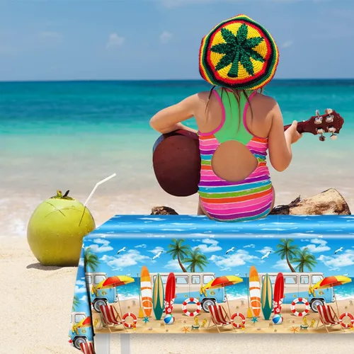 Vista 5 de 3 manteles de playa de verano, fundas de mesa temáticas de playa, decoración de mesa temática de cumpleaños hawaiano para verano, piscina, surf