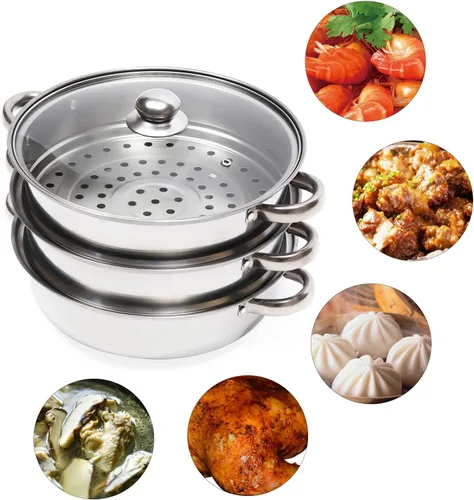 Vista 6 de Vaporizador de 3 niveles de acero inoxidable para cocinar con tapa de vidrio templado para cocinar alimentos al vapor 28cm/11in