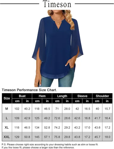 Vista 7 de Timeson Blusa de gasa de manga 34 para mujer, cuello en V, túnica elegante