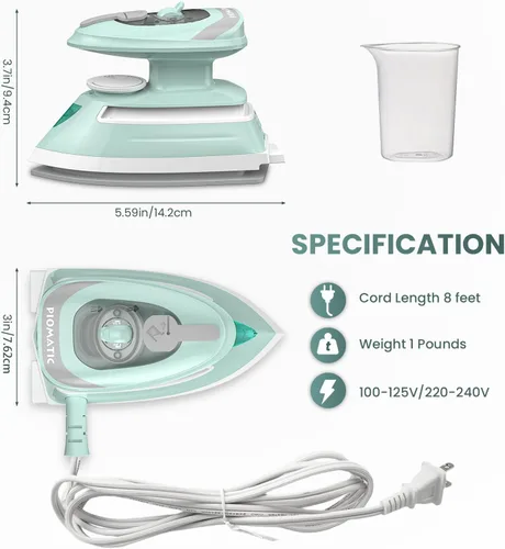 Vista 7 de PIOMATIC Mini plancha de vapor de viaje para ropa con doble voltaje, control de temperatura, suela antiadherente y almacenamiento de cables, ideal