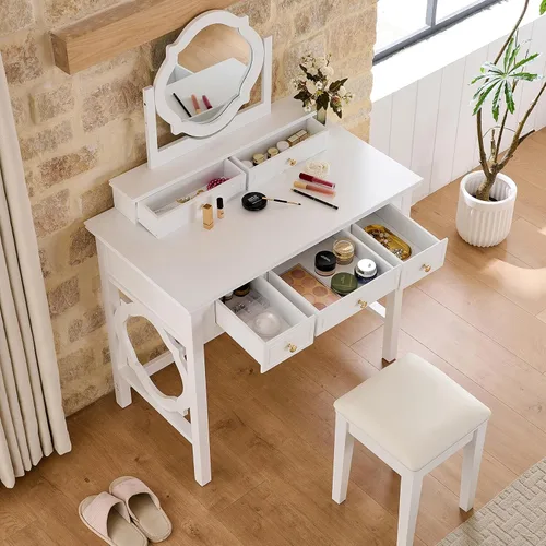 Vista 4 de Juego de escritorio de tocador de 35.5 pulgadas con taburete, escritorio de maquillaje con espejo reversible, tocador con 5 cajones para dormitorio