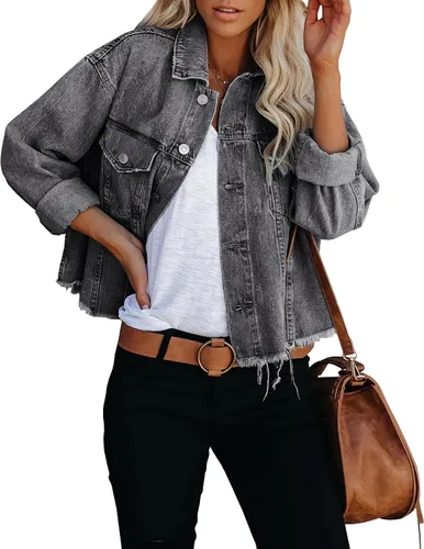 Vista 12 de Chaqueta de mezclilla para mujer, desgastada, con botones, con bolsillos.