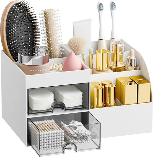 Vista 9 de Organizador de maquillaje con 2 cajones, organizadores de maquillaje para encimera de tocador y baño, organización de maquillaje y almacenamiento
