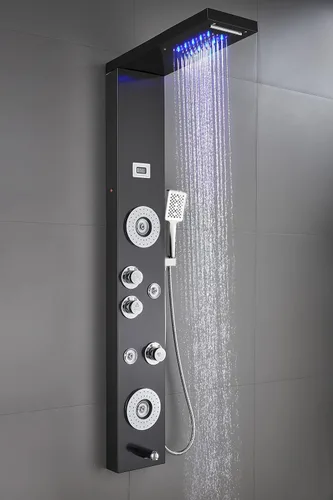 Vista 2 de Sistema de panel de ducha de acero inoxidable tipo torre de Ello&Allo, cabezal de LED, modo cascada o lluvia; sistema de hidromasaje con chorros