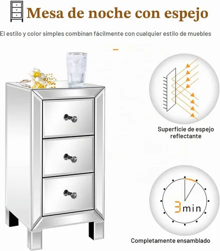 Vista 4 de VINGLI Mesita de noche con espejo con 3 cajones, mesa auxiliar plateada con espejo para espacios pequeños, dormitorio, sala de estar
