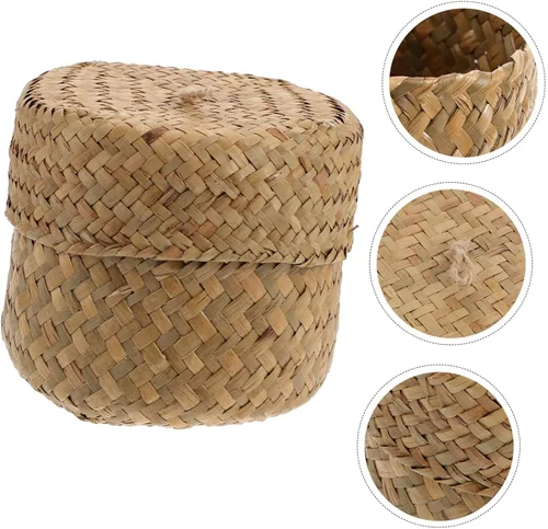 Vista 7 de Caja tejida hecha a mano de la cesta de la flor de la paja mini maneja redonda de la cesta