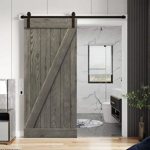 Vista 7 de Puerta corrediza interior de madera de pino anudada cepillada serie Z con kit de herrajes (acabado de madera, 24 x 84 pulgadas)