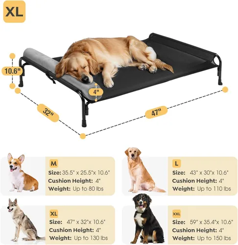 Vista 5 de Veehoo Cama Elevada Grande para Perros, Cama Colgante para Perros al Aire Libre con Cojín de Cabezal Removible de Un Lado, Malla Teslin Transpirable