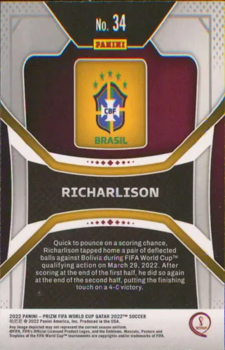 Vista 2 de 2022 Panini Prizm FIFA World Cup Qatar #34 Richarlison Brazil Soccer Card