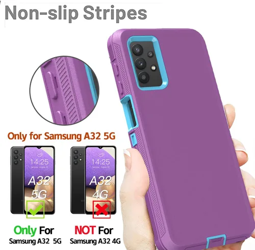 Vista 3 de Funda resistente para Galaxy A32 5G, no compatible con 4G, con clip, a prueba de golpes, a prueba de caídas, polvo, morado y azul cielo
