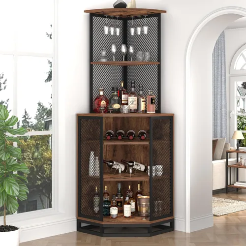 Vista 10 de IBF Armario esquinero de 71 pulgadas de alto para vino con soporte para vidrio, almacenamiento de licor industrial de 5 niveles con estante