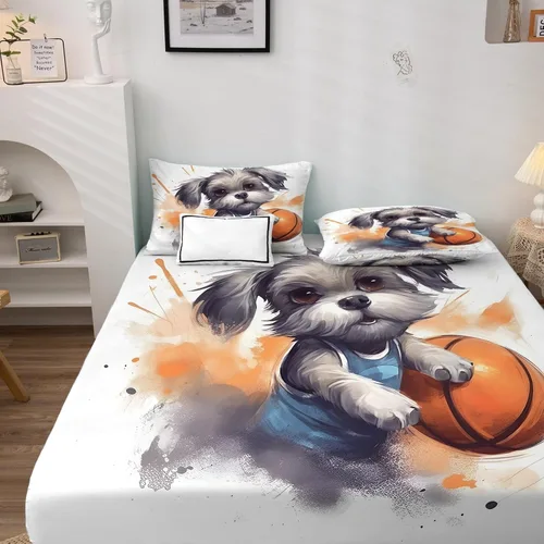 Vista 2 de Schnauzer - Juego de sábanas de baloncesto, sábanas y fundas de almohada estampadas, 4 piezas, sábana bajera ajustable de microfibra suave