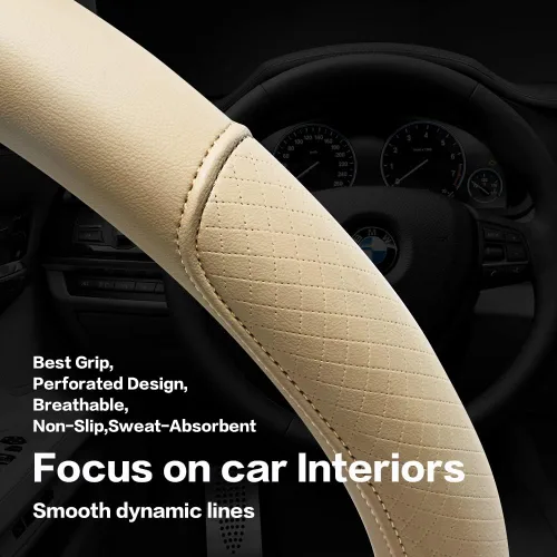 Vista 5 de Funda de volante de piel de microfibra con relieve clásico, protector de rueda antideslizante y transpirable para automóvil, ajuste para volantes