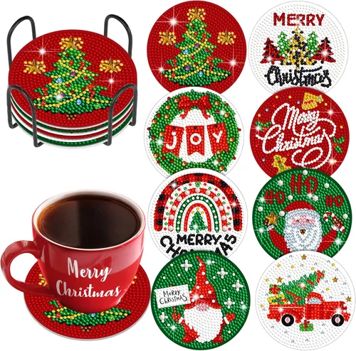 Vista 8 de Perthlin 8 posavasos de arte de diamantes de Navidad, árbol de Navidad, gnomo de caramelo, juego de pintura con soporte, kit de pintura de diamantes