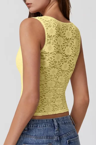 Vista 2 de QINSEN Camiseta sin mangas de doble capa con cuello cuadrado y ribete de encaje para mujer Amarillo claro