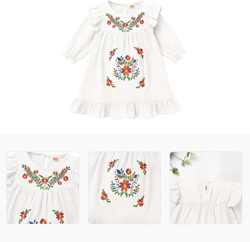 Vista 6 de FYMNSI Vestido floral con bordado étnico mexicano para bebé, vestido casual para niños, manga larga, volantes, playa, vacaciones, vestido de verano