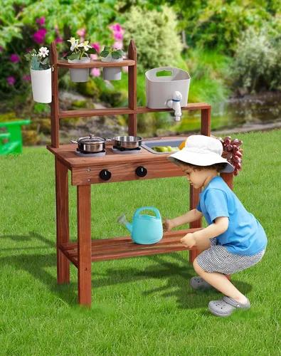Vista 7 de ROBUD Cocina de barro para niños al aire libre, cocina de madera al aire libre, cocina de barro para niños con fregadero y grifo extraíbles