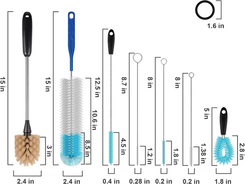Vista 2 de Juego de 7 cepillos de limpieza de botellas de agua de mango largo de acero inoxidable para limpiar botellas de cerveza de cuello estrecho, tazas