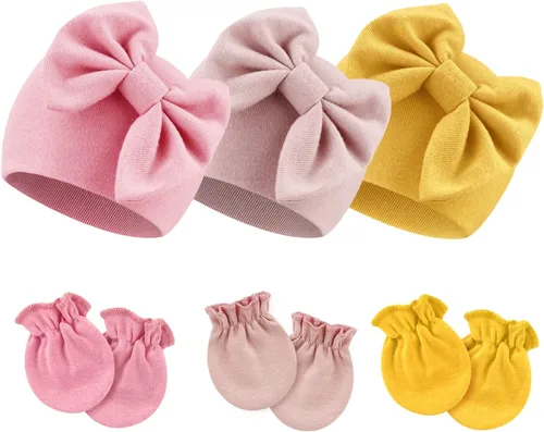 Vista 18 de BQUBO Gorros para Niñas Recién Nacidas Conjunto de Gorro y Manoplas para Bebé Gorros para Infantes con Moño Gorro de Hospital con Manoplas