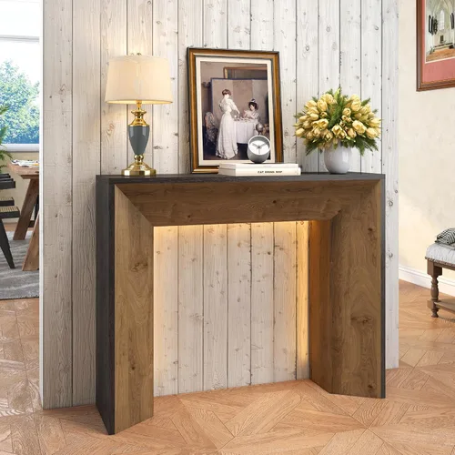 Vista 7 de Mesa consola de granja con luz LED, mesa de entrada rústica de 41 pulgadas con almacenamiento para entrada, pasillo, mesa de sofá industrial detrás