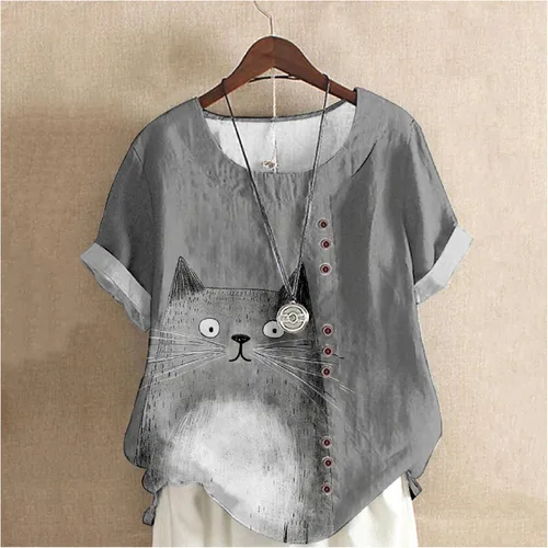 Vista 2 de domirica Flower Bird Printed Loose Boho Shirts Women Plus Size Summer Crew Neck Short Sleeve Blouses Greycat