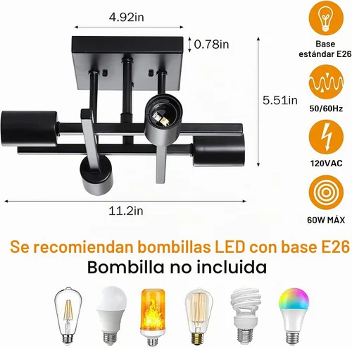 Vista 4 de Lámpara industrial de techo semiempotrada de 4 luces, lámpara de araña negra de granja, moderna lámpara de techo Sputnik con base E26 para cocina
