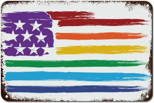 Vista 7 de Placa de pared con diseño de bandera de Estados Unidos, diseño retro vintage de arcoíris, letrero de metal LGBTQ, orgullo gay, regalo del mes