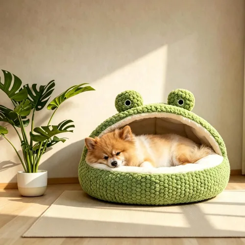 Vista 5 de Cama para gatos con capucha y diseño de rana, lavable para mascotas