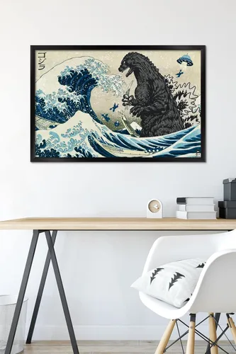 Vista 6 de Godzilla - Póster de pared Great Wave de 34 pulgadas de largo x 22.4 pulgadas de ancho, versión enmarcada en negro