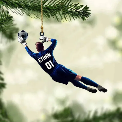 Vista 3 de Adorno de fútbol personalizado, adorno de Navidad de jugador de fútbol personalizado con nombre y número, regalo deportivo único para hombres