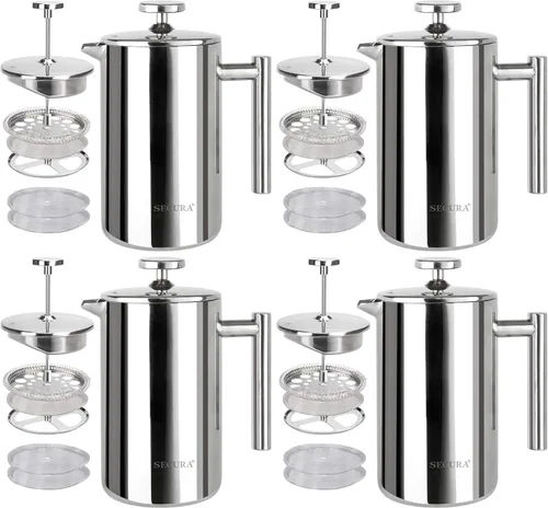 Vista 14 de Secura Cafetera de prensa francesa con filtro de acero inoxidable de 3 capas, 34 onzas, negro, diseño aislado de doble pared con 2 filtros