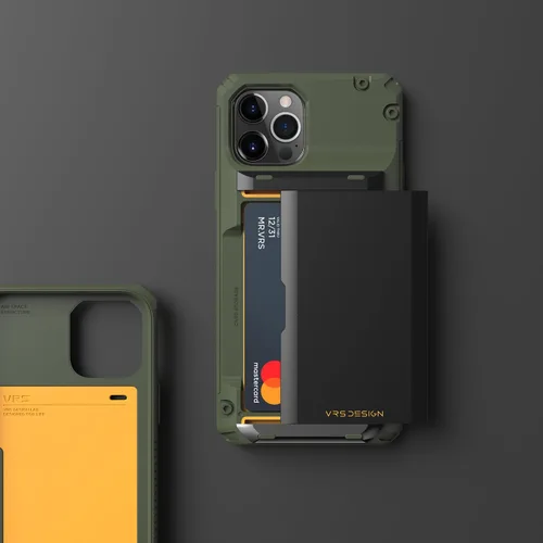 Vista 6 de VRS Design Damda Glide Pro funda compatible con iPhone 12/12 Pro, con espacio para 4 tarjetas, prémium, resistente, tarjetero semiautomático Verde