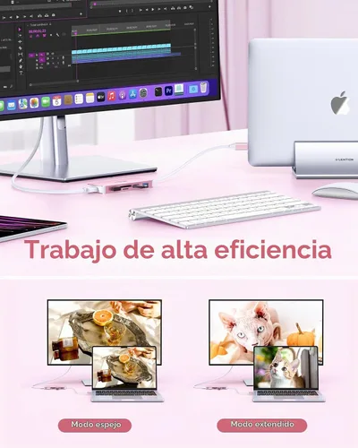 Vista 6 de LENTION Concentrador USB C 6 en 1, 3 USB3.0, 4K@30Hz, lector de tarjetas Rosa