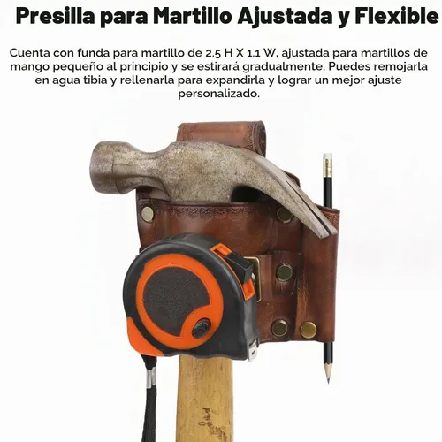 Vista 6 de TOURBON Funda de cuero para herramientas con soporte para martillo, cinta métrica y lápiz para cinturón de herramientas (Marrón Vintage)