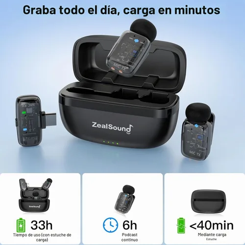 Vista 6 de ZealSound Micrófono TikTok, micrófono inalámbrico Lavalier para iPhone, iPad, Android (USB-C/Lightning), mini micrófono con funda de carga