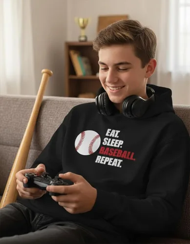 Vista 6 de Tstars Sudadera con capucha Eat Sleep Baseball Repeat para hombre, regalo para fanáticos, entrenadores, jugadores, ropa para el día del juego