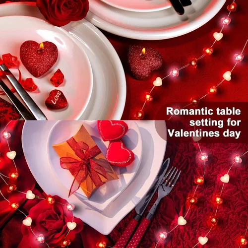 Vista 6 de Hiboom 2 tiras de luces de corazón para el día de San Valentín con temporizador de 10 pies, 30 luces LED en forma de corazón, 8 modos de Rojo