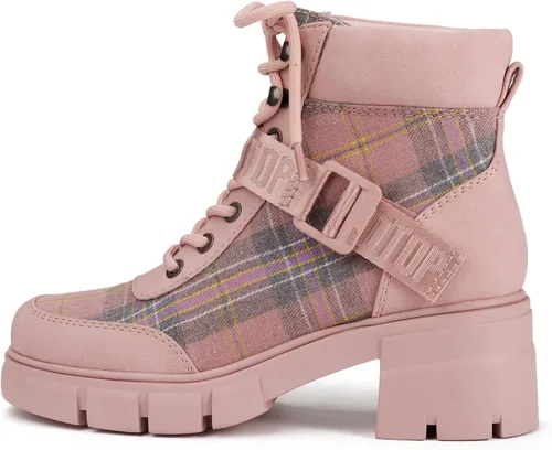 Vista 2 de REDTOP Botas de combate para mujer con suela de lengüeta gruesa, botas de tobillo con cordones y hebilla casual