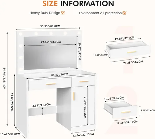 Vista 7 de Sweetcrispy 11 LED Bulbs Vanity Desk with HD Mirror, Makeup Vanity Table with 2AC/USB/C Charging Station, Dressing Desk with 2 Drawers & Large