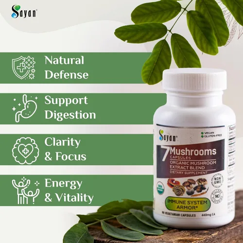 Vista 5 de Sayan 7 Extracto de hongos 90 cápsulas/440 mg ea – Apoyo inmunológico y energía – Chaga orgánico, Reishi, melena de león, maitake, shiitake, mezcla