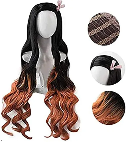 Vista 2 de P1PSZ Kamado Nezuko - Disfraz de Kawaii Kamado Nezuko Tanjirou Llavero Anime Cosplay peluca vestido conjunto completo para fiesta