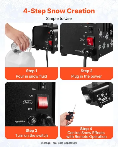 Vista 5 de VEVOR Máquina de nieve portátil de 800 W, máquina de nieve portátil inalámbrica remota con tanque y mango de 1 litro, fabricante de copos de nieve