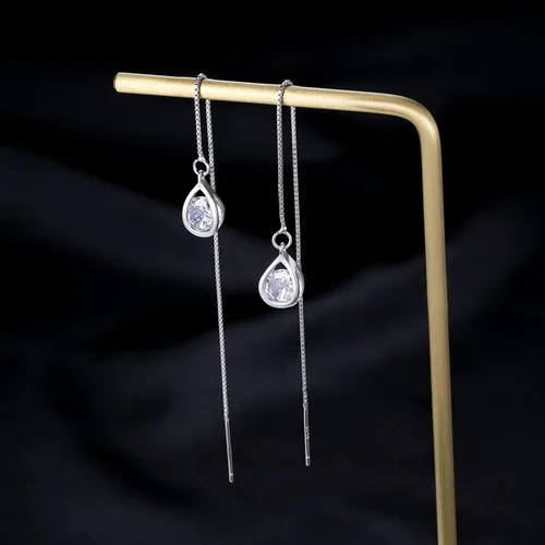 Vista 5 de Reffeer Solid 925 Sterling Silver CZ Droplet Chain Dangle Earrings for Women Teen Girls Tassel Dangle Earrings Threader