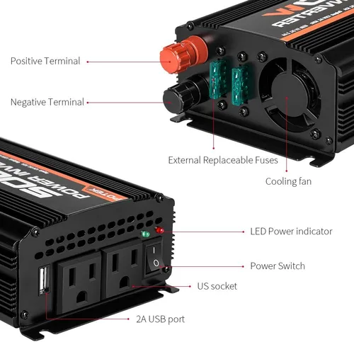 Vista 3 de POTEK - Inversor de corriente de 500W, Inversor de coche, DC 12V a AC 110V, puerto de carga de AC dual y puertos USB de 2Amp para computadora
