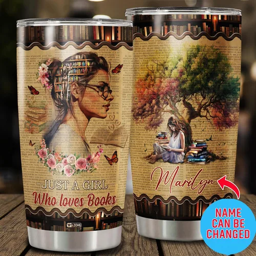 Vista 2 de WAZONE Vaso personalizado para amantes de los libros con tapa con nombre personalizado Just A Girl Who Loves Books de acero inoxidable de 20 onzas