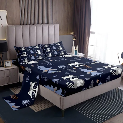 Vista 6 de Erosebridal Juego de sábanas tamaño individual de mapache para niños y niños, sábanas florales rosas de animales del bosque, juego de ropa de cama