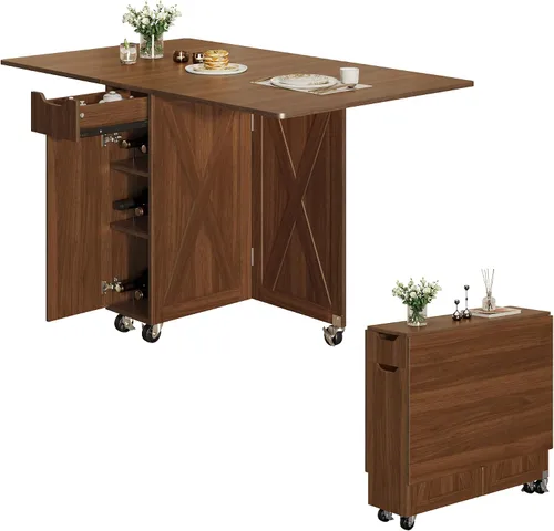 Vista 14 de 3imothrix Mesa de comedor plegable, mesa de comedor con cajón y almacenamiento y estantes, mesa de comedor que ahorra espacio con 6 ruedas, mesa
